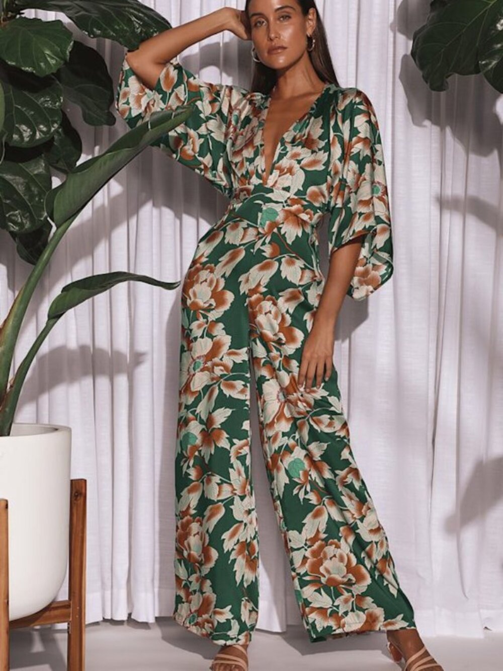 Lulus From Sunrise Teal Floral Print Kimono Sleeve Wide-leg Jumpsuit Green